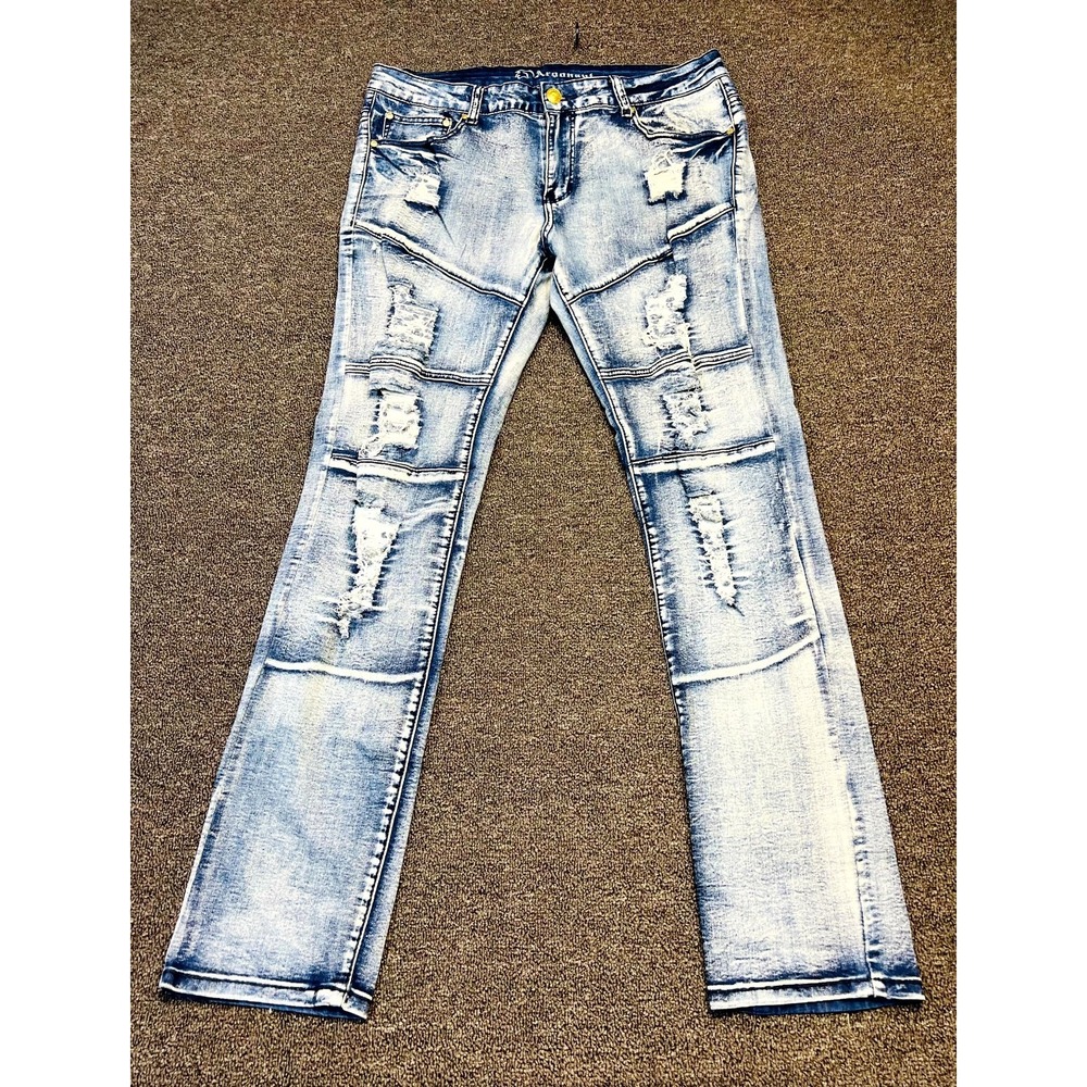 Argonaut Ultra Slim Jeans Men 36x34 Blue Denim Acid Wash Distressed Ripped Biker